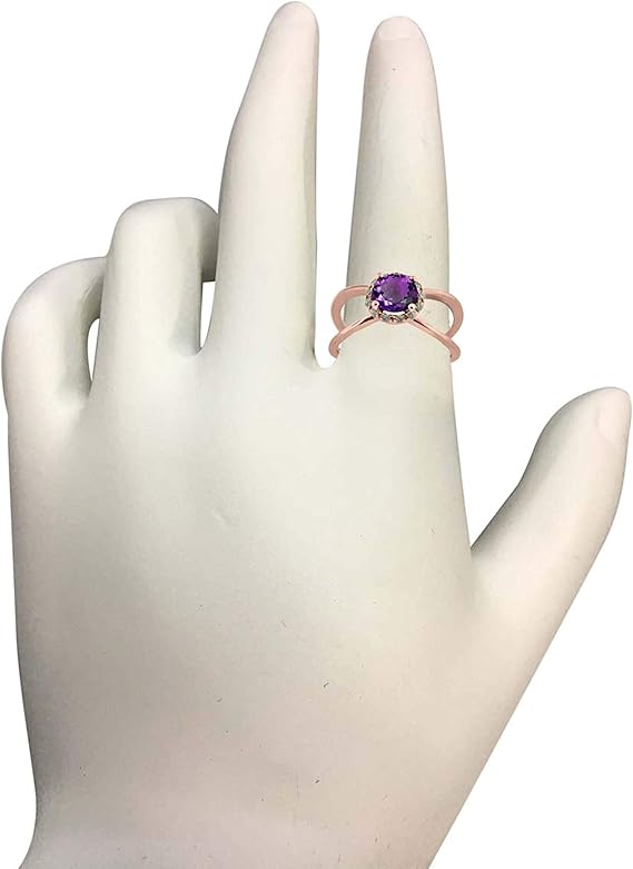 Aonejewelry 0.85 Carat 6MM Round Amethyst And Diamond Ring In 10K Solid Rose, White & Yellow Gold, Best Valentinesday Gift