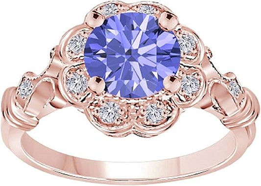 Tanzanite Halo Diamond Ring 1.00 Carat In 10K Solid Rose, White & Yellow Gold (Created Tanzanite), Best Valentinesday Gift