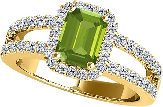 10k Yellow Gold Gemstone And Diamond Prong Set Ring With 2 Carat Emerald Cut Peridot And Diamonds, Best Valentinesday Gift