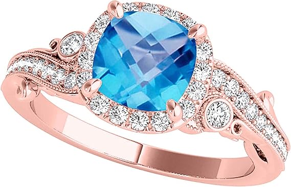 AoneJewelry Blue Topaz Gemstone Engagement Rings for Women |10K Rose, White & Yellow Gold 1.5 Carat Blue Color Cushion Cut Prong Setting Genuine Diamond Wedding Jewelry Collection