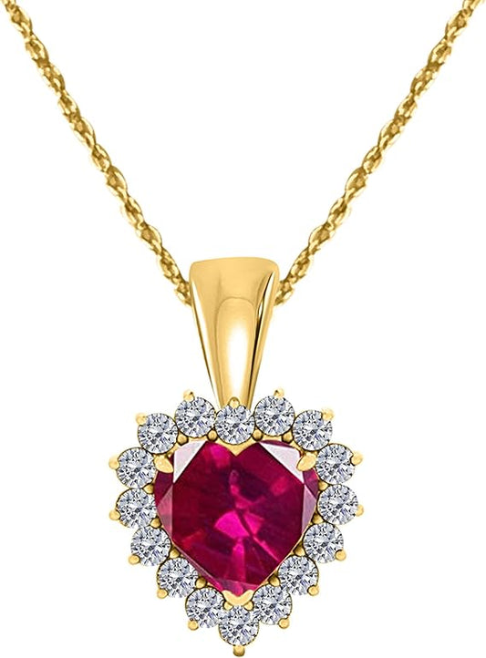 3/4 Carat Heart Shape Created Ruby Gemstone In Center With 16 Side White Diamond Pendant Necklace For Woman Crafted In 10k Rose White & Yellow Gold With 18" Gold Plated Over 925 Sterling Silver Box Chain