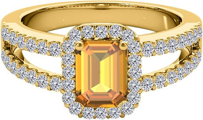 2 Carat Prong Set Ring With Emerald Cut Natural Citrine And Round Cut Diamonds in 10k Yellow Gold, Best Valentinesday Gift