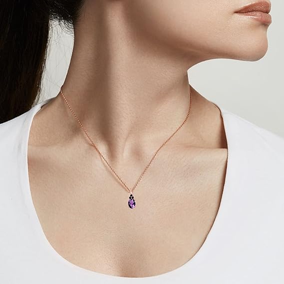 Amethyst & Black Diamond Pendant Necklace for Women | 14k Rose, White & Yellow Gold 1.36 Carat 4 Stone Oval Shape Prong Setting 18" Silver Box Chain Necklace Wedding Jewelry Collection