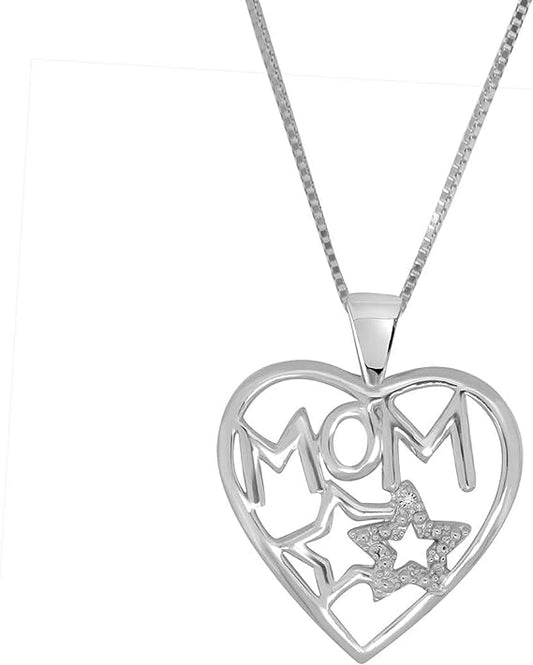 Natural White Diamond With Double Star Heart Shape Mom Pendant For Your Mother Crafted In 925 Sterling Silver With 18" Gold Plated Over 925 Sterling Silver Box Chain