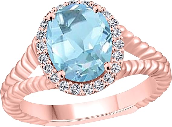 Aonejewelry 1.95 Carat 10K Solid Rose, White & Yellow Gold Oval Shape Aquamarine Diamond Ring, Best Valentinesday Gift