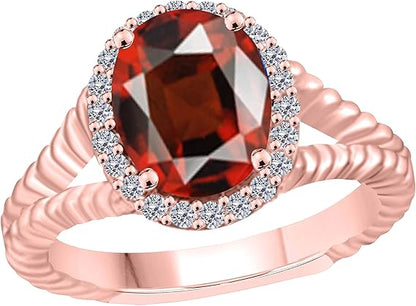 Aonejewelry 10K Diamond And Oval Shape Garnet Ring In Solid Rose, White & Yellow Gold, Best Valentinesday Gift