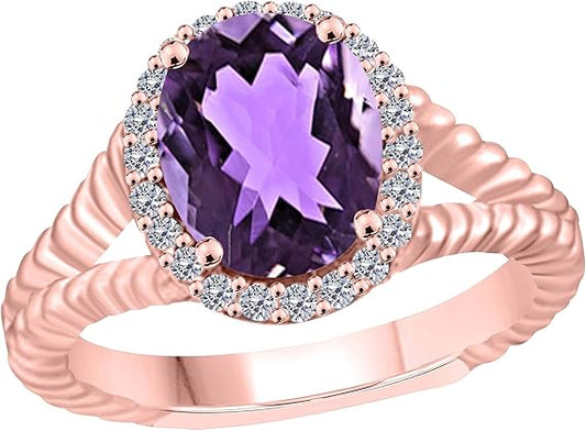 Aonejewelry 1.95 Carat Diamond And Oval Shape Amethyst Ring In 10K Solid Rose, White, Yellow Gold, Best Valentinesday Gift