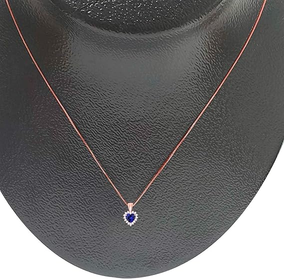 3/4 Carat Heart Shape Created Sapphire Gemstone In Center With 16 Side White Diamond Pendant Necklace For Woman Crafted In 10k Rose White & Yellow Gold With 18" Gold Plated Over 925 Sterling Silver Box Chain