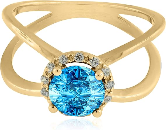 Aonejewelry 0.85 Carat 6MM Round Blue Topaz And Diamond Ring In 10K Solid Rose, White & Yellow Gold, Best Valentinesday Gift