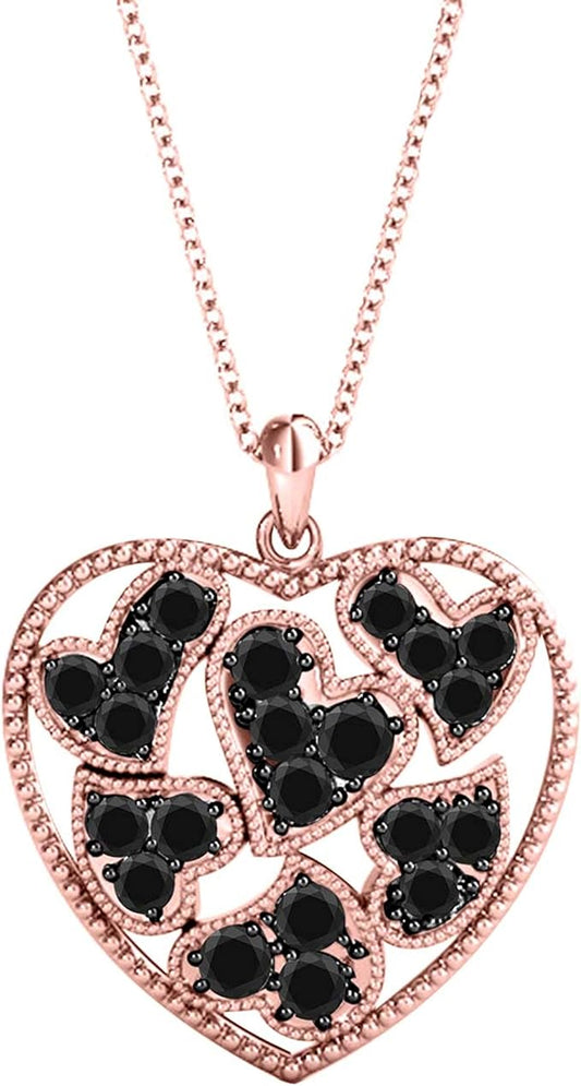 0.25 Carat Natural Black Diamond With Heart-In-Heart Beautiful Design Heart Shape Pendant Crafted In Rose White And Yellow Gold With 18" Box Chain Gold Plated Over 925 Sterling Silver For Women