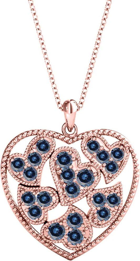 0.25 Carat Natural Blue Diamond With Heart-In-Heart Beautiful Design Heart Shape Pendant Crafted In Rose White And Yellow Gold With 18" Box Chain Gold Plated Over 925 Sterling Silver For Women