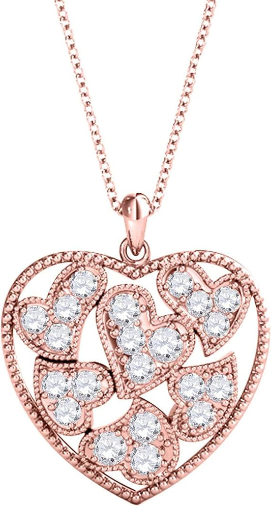 0.25 Carat Natural White Diamond With Heart-In-Heart Beautiful Design Heart Shape Pendant Crafted In Rose White And Yellow Gold With 18" Box Chain Gold Plated Over 925 Sterling Silver For Women