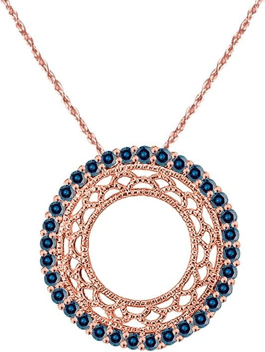 0.50 Carat Natural Blue Diamond Tribal Round-Shape Design Pendant Necklace For Woman Crafted In 10k Rose White And Yellow Gold With 18" Gold Plated Over 925 Sterling Silver Box Chain