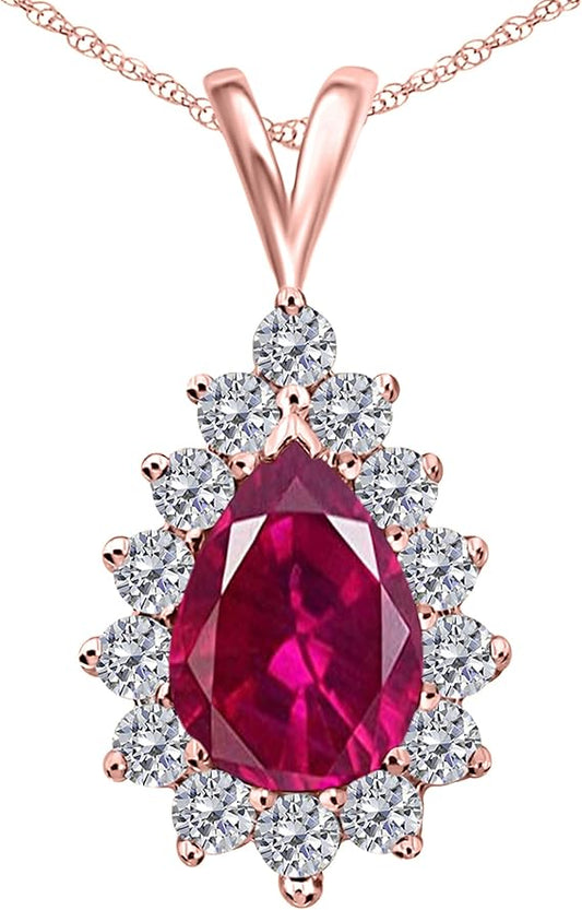 1.55 Carat Pear Shape Gemstone With Diamonds Tear Drop Design Pendant Necklace For Woman Crafted In 10k Rose White And Yellow Gold With 18" Gold Plated Over 925 Sterling Silver Box Chain