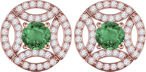 Gemstone Diamond Studs Earrings For Women 1.50 Carat 5MM Round Emerald With Natural Round White Diamond Studs Push Back Earrings For Ladies In 10K Solid Rose White Yellow Gold Best Jewelry Gift For Her By Aone Jewelry