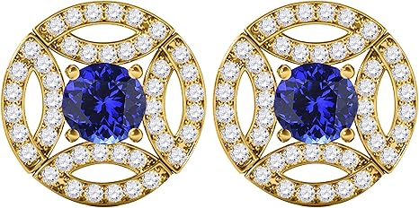 Gemstone Diamond Studs Earrings For Women 1.50 Carat 5MM Round Tanzanite With Natural Round White Diamond Studs Push Back Earrings For Ladies In 10K Solid Rose White Yellow Gold Best Jewelry Gift For Her By Aone Jewelry