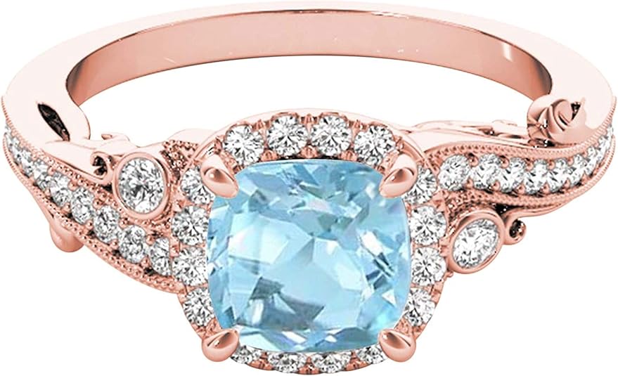 Aonejewelry 1.50 Carat Cushion Cut Aquamarine In Center And White Diamond On Side Engagement Wedding Ring For Woman Crafted In 10K Solid Rose White Yellow Gold, Best Valentinesday Gift